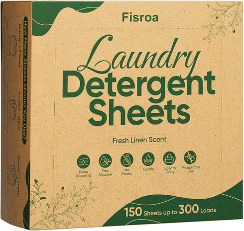 Travel Laundry Detergent Sheets - 300 Loads | Fisroa Plastic-Free Washer Sheets, Fresh Linen Scent