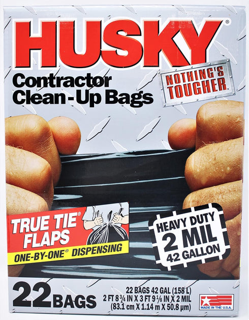 Husky Heavy Duty Contractor Clean-Up Bag, Poly, 42 Gallon, 4 ft L x 2 ft 9 in W x 2 mil T, Black