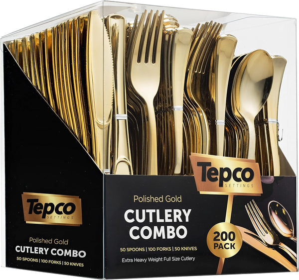 200 Gold Plastic Silverware Set, Heavy Duty Disposable Cutlery - 100 Forks, 50 Spoons, 50 Knives for Party Bulk