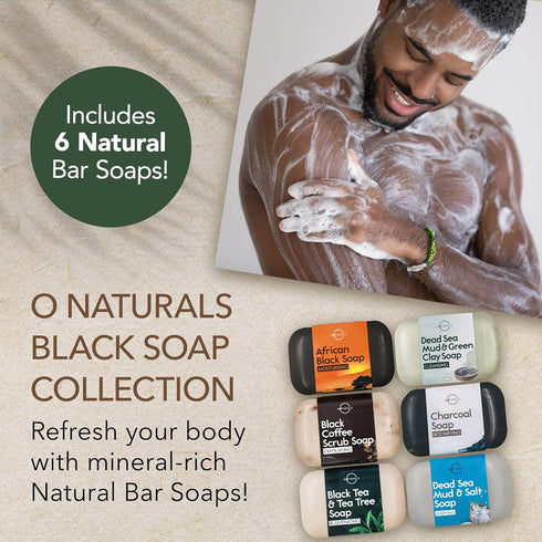O NATURALS 100% Natural Bar Soap Gift Set, Organic Ingredients & Essential Oils, 6PC Black Soap Collection