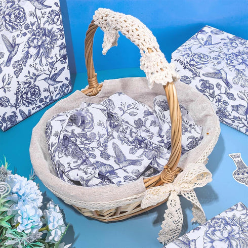 Whaline 100 Sheets Blue White Floral Tissue Paper, Chinoiserie Flower Bird Gift Wrapping Paper for Weddings and Parties