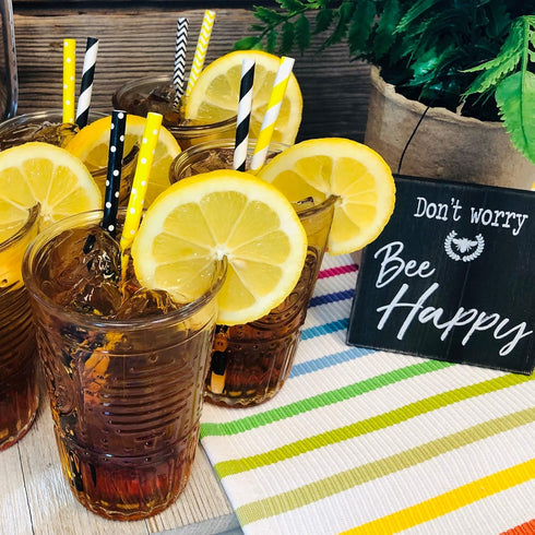 Outside the Box Papers Bee Theme Paper Straws, 7.75 Inches, 100 Pack - Black, Yellow, White Striped and Polka Dot