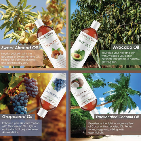 Set 4 oz. 100% Carrier Oil Variety Cold Pressed Pure Natural Sweet Almond, Avocado, Coconut Fractionated, Grapeseed.