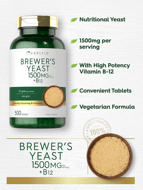Carlyle Brewers Yeast Tablets with Vitamin B12, 500 Count - 1500mg, Non-GMO & Gluten Free