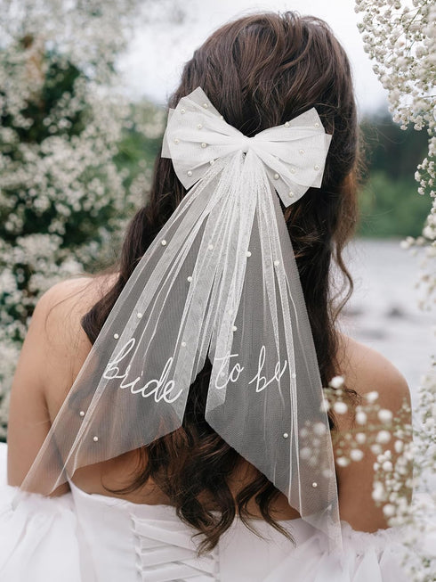 SWEETV Bridal Hair Bow Veil - White Bow Clip, Pearl Accessories for Bachelorette Party, Bridal Shower Gift