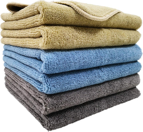 POLYTE Microfiber Cleaning Towel, 16x24, 6 Pack, Professional, Blue, Camel, Gray