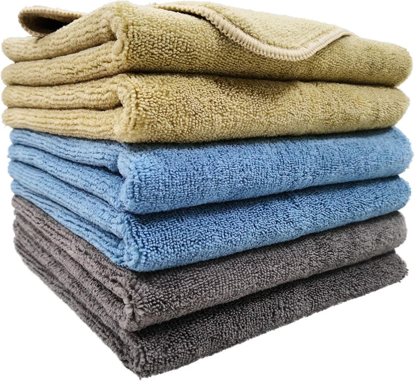 POLYTE Microfiber Cleaning Towel, 16x24, 6 Pack, Professional, Blue, Camel, Gray
