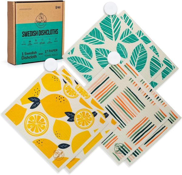 Harps&Seb 6-Pack Reusable Swedish Dishcloths, Super Absorbent Washable Towels with Hanging Clips, Biodegradable