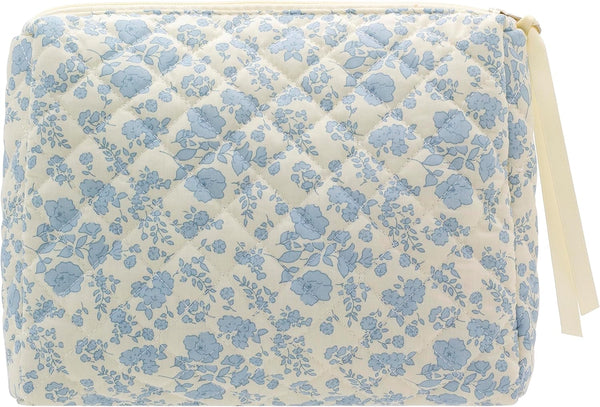 PAZIMIIK Large Cotton Makeup Bag for Women, Quilted Travel Cosmetic Pouch, Girls' Make Up Organizer (Little Flower Blue)