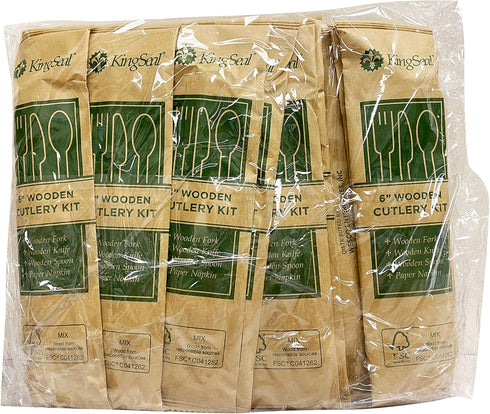 KingSeal Bulk Pack of 25 FSC Certified Disposable Wood Cutlery Kits - Spoon, Fork, Knife with Bleach-Free Napkin