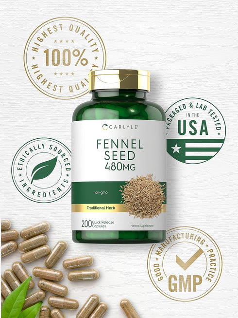 Carlyle Fennel Seed 480mg - 200 Capsules, Non-GMO Herbal Supplement
