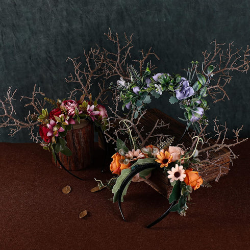 MOSTORY Handmade Deer Antler Flower Headband, Tree Branch Crown Headpiece, Orange Rose Floral Hair Band for Women