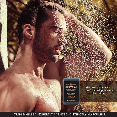 Mistral Black Amber Luxury Bar Soap for Men, Natural Moisturizing Triple-Milled Soap, 8.8 oz