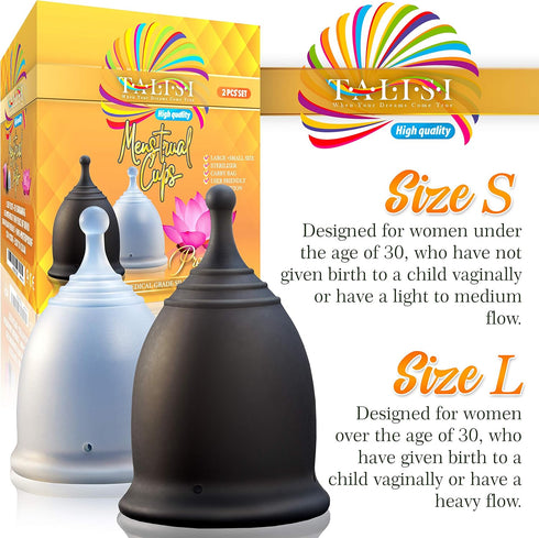 Talisi Menstrual Cups with Foldable Silicone Sterilizer, Reusable Period Starter Kit for Light & Heavy Flow (Small &