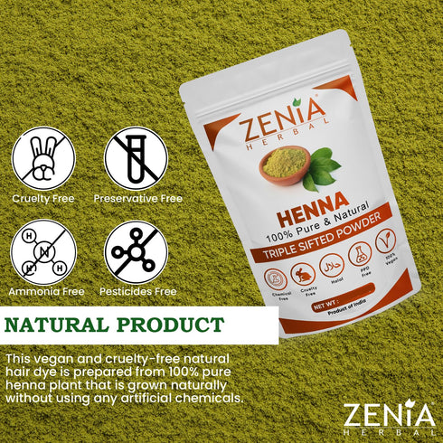 Zenia 100% Pure & Natural Henna Powder, 100 grams (3.5 oz), Orange-Red Hair Color, No Chemicals
