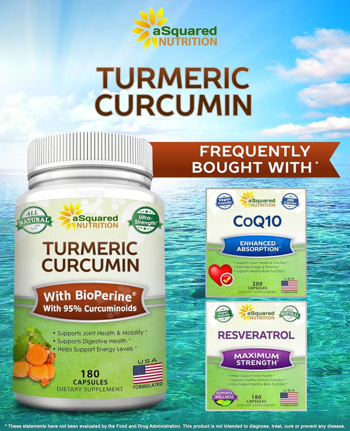 aSquared Nutrition Turmeric Curcumin - 1600mg with BioPerine, 180 Capsules for Joint Stiffness Relief