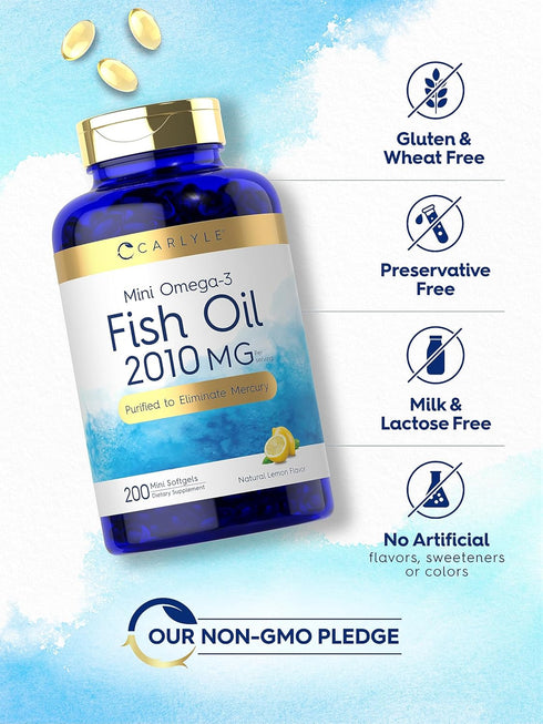 Carlyle Mini Fish Oil Softgels, 2010 mg, 200 Omega-3 Pills, Non-GMO & Gluten Free Supplement