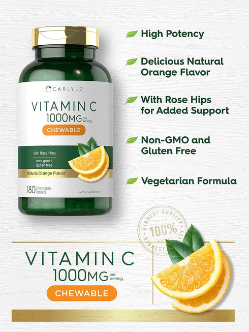 Carlyle Vitamin C Chewables, 1000mg, 180 Chewable Tablets, Vegetarian, Non-GMO, Gluten Free Supplement