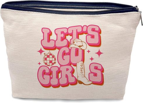 Western Makeup Cosmetic Bag, Let's Go Girls Cowgirl Hat Boots Disco Ball Travel Toiletry Bag