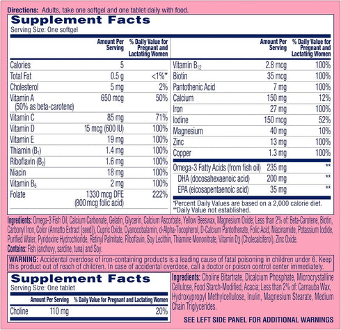 One A Day Women's Prenatal Advanced Multivitamin, Brain Support with Choline, Folic Acid, Omega-3 DHA & Iron, 60 Count