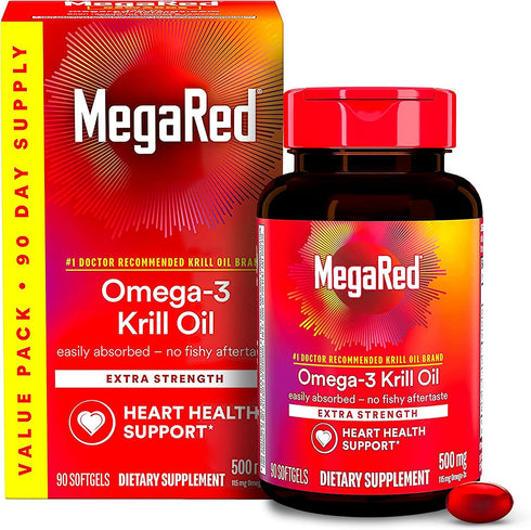 MegaRed Antarctic Krill Oil 500mg Omega 3 Fatty Acid Supplement, 90 Softgels, Heart Health with No Fish Oil