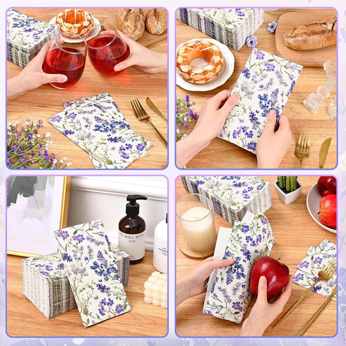 Homlouue 100PCS 3 Purple Lavender Floral Napkins, Ply Disposable Hand Towels for Bathroom, Floral Paper Napkins