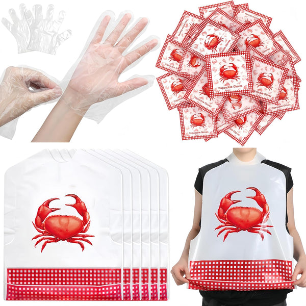 Chicingyou Crab Lobster Bibs and Plastic Disposable Gloves Set Disposable Adult Feast
