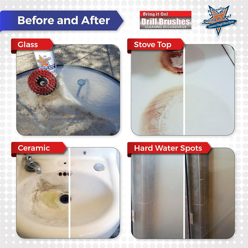 Bring It On Cleaner Water Spot Remover Plus, 2 Drill Brushes, 32 oz, Cleaning Brush for Drill, Tile Scrub Brush