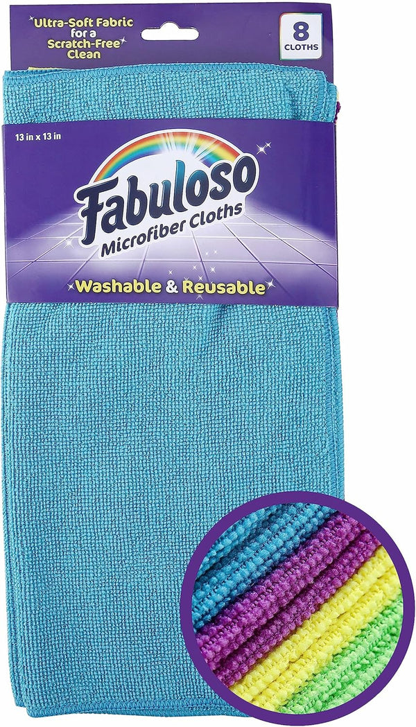 Fabuloso Microfiber Cleaning Cloths, 8 ct, Rainbow Colors, Lint-Free, Scratch-Free for Surfaces and Wood Furniture