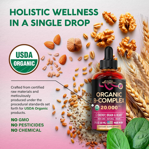 USDA Organic Vitamin B-Complex Liquid Drops, 2 fl. oz - B5, B12, B1, B6, B7, B9, B3