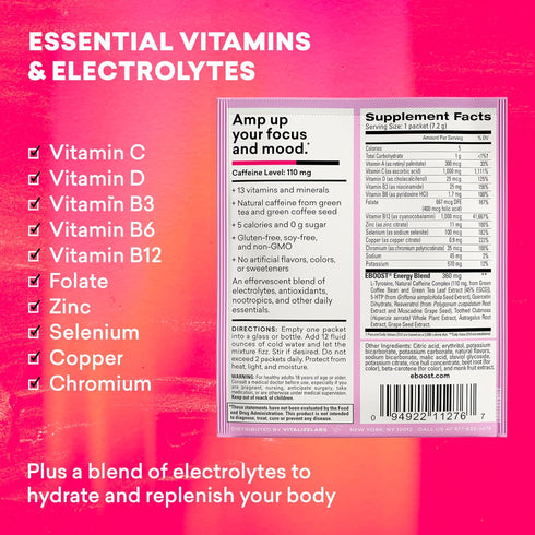 EBOOST Energy Drink & Electrolyte Powder, 20 Packets - Super Powder Pink Lemonade with Essential Blend of Vitamins