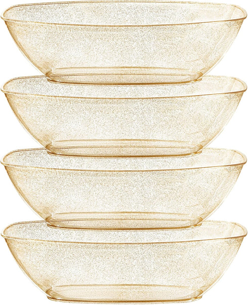 Posh Setting Disposable Oval Serving Bowls, Gold Glitter Plastic Serving Bowls, 4 Pack, 72 Ounce Heavy Duty Party Bowl