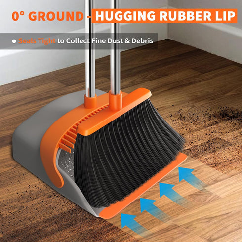 Set, 52" Upgraded Broom and Dustpan Long Handle Standing Combo with Self-Cleaning Teeth Perfect for Pet Hair, Kitchen