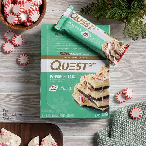 Quest Nutrition Peppermint Bark Protein Bar - 21g Protein, 4g Net Carb, 1g Sugar, Gluten Free, 12 Count
