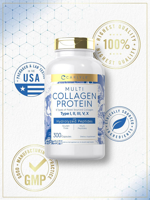 Carlyle Multi Collagen Protein Capsules 2000mg | 300 Count | Type I, II, III, V, X | Gluten Free