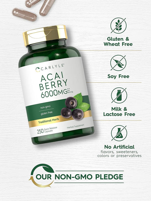 Carlyle Acai Berry Capsules 6000mg - 250 Count, Non-GMO & Gluten Free Acai Berry Extract