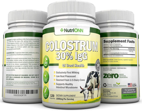 Colostrum - 1000mg - 120 Capsules - Non-GMO US Dairy, First Milking Bovine Colostrum for Immune Support and GI Health