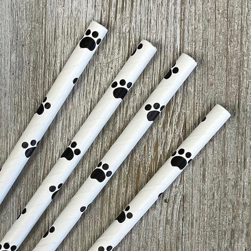 Dog Theme Paw Print Paper Drinking Straws, Black White, 7.75 inches, 50 Pack - Outside The Box Papers Brand