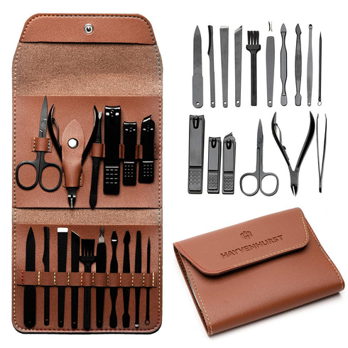 Nail Clipper Set - 16 Pieces Stainless Steel Manicure Kit for Men, Pedicure Kit with Brown Leather Case