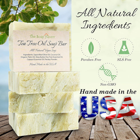 TEA TREE SOAP BAR - 4 Natural Tea Tree Oil Soap Bars for Face, Hand, Foot, Body Wash - 4 Large 4.5 oz Bars