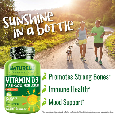 NATURELO Vitamin D 5000 IU, Plant Based from Lichen, Natural D3 Supplement for Immune System, Bone & Joint Health, 180