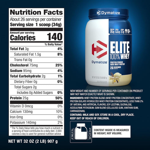Dymatize Elite 100% Whey Protein Powder, L-Leucine, Quick Absorbing & Fast Digesting, Gourmet Vanilla, 32 Oz