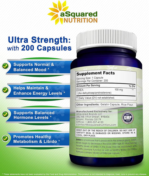 DHEA 100mg Max Strength, 200 Capsules for Balanced Hormone Levels, Natural Supplement for Metabolism, Libido, Brain,