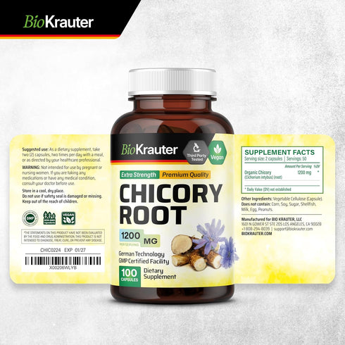 BIO KRAUTER Chicory Fiber Supplement - 1200 mg Strength, 100 Count Inulin Capsules for Digestive Support