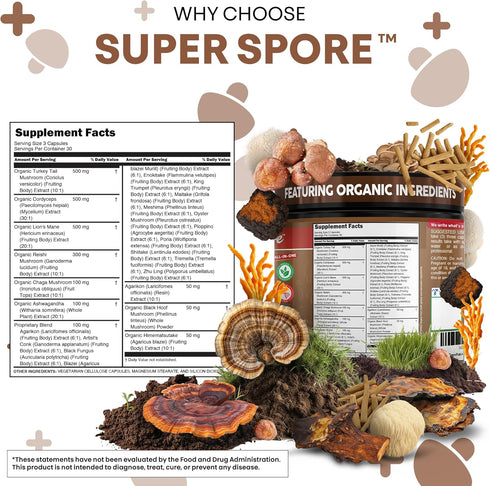 Immunity 90 Organic Turkey Tail Mushroom Supplement Capsules | Lions Mane Cordyceps Reishi Chaga + Ashwagandha Stress