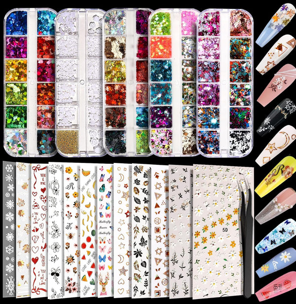 Teenitor 12 Sheets Self-Adhesive Nail Art Sticker, 5D Embossed Flower Nail Decals, 5 Boxes Glitter Sequins Flakes