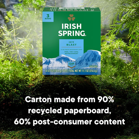Irish Spring Icy Blast Bar Soap for Men, 24 Pack, 3.7 Oz, Mild Skin, Recyclable Carton, Fresh Clean 12 Hours