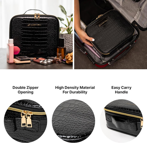 Not Made In China Makeup Bag Travel Organizer, Small Crocodile Cosmetic Case with Adjustable Dividers for Beauty Artists