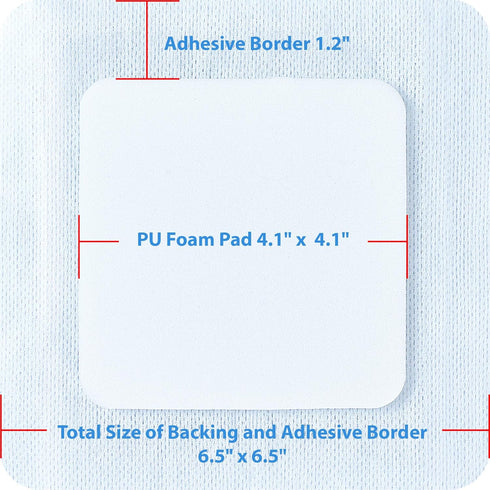 Areza Medical Foam Wound Dressing, Sterile Polyurethane, 6.5" x 6.5" (16.5 cm x 16.5 cm), Adhesive Border, 5 PCS