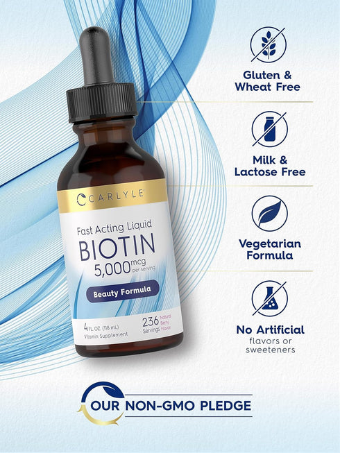 Carlyle Biotin Liquid Drops 5000mcg | 4 fl oz | Berry Flavor, Vegetarian, Non-GMO & Gluten Free